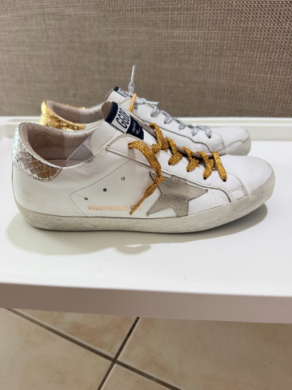 Golden Goose White Leather Sneakers with Silver Star and Gold Accents